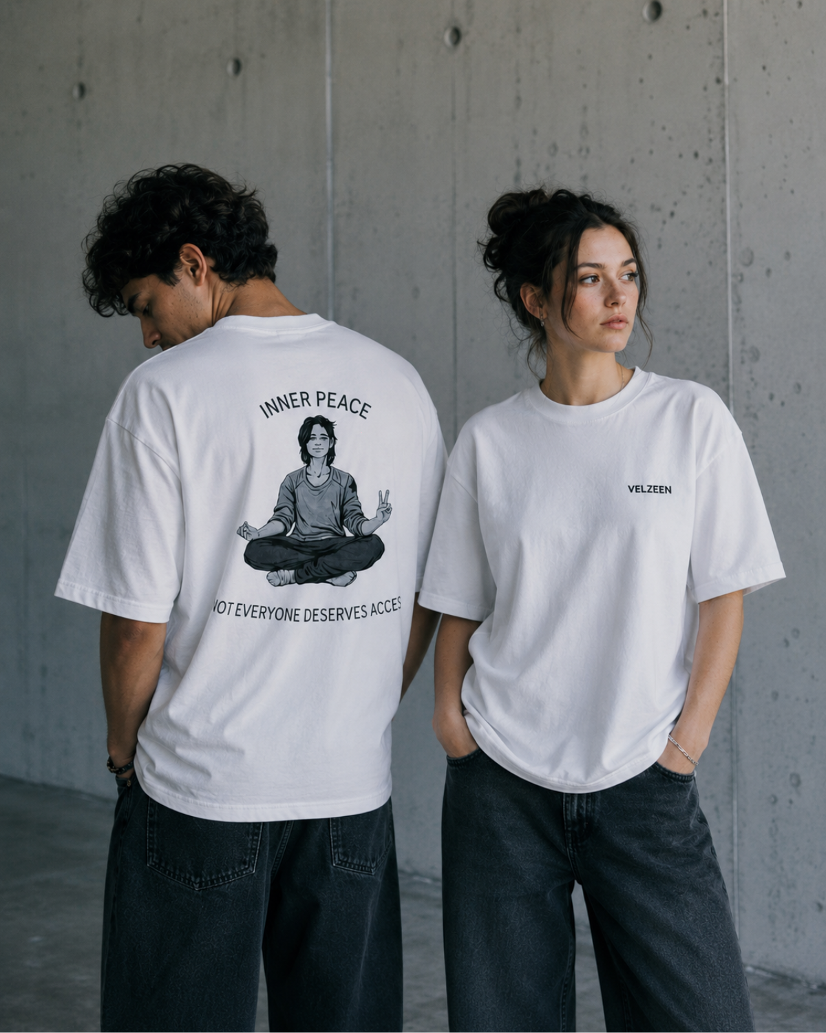 Velzeen Inner Peace white drop shoulder T-shirt with printed artwork