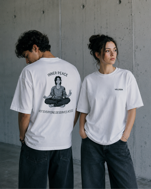 Velzeen Inner Peace white drop shoulder T-shirt with printed artwork