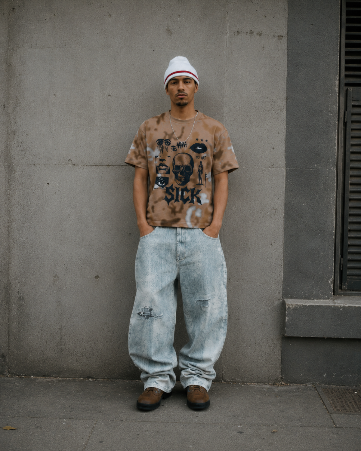 Velzeen Sick brown drop shoulder T-shirt with statement graphic print