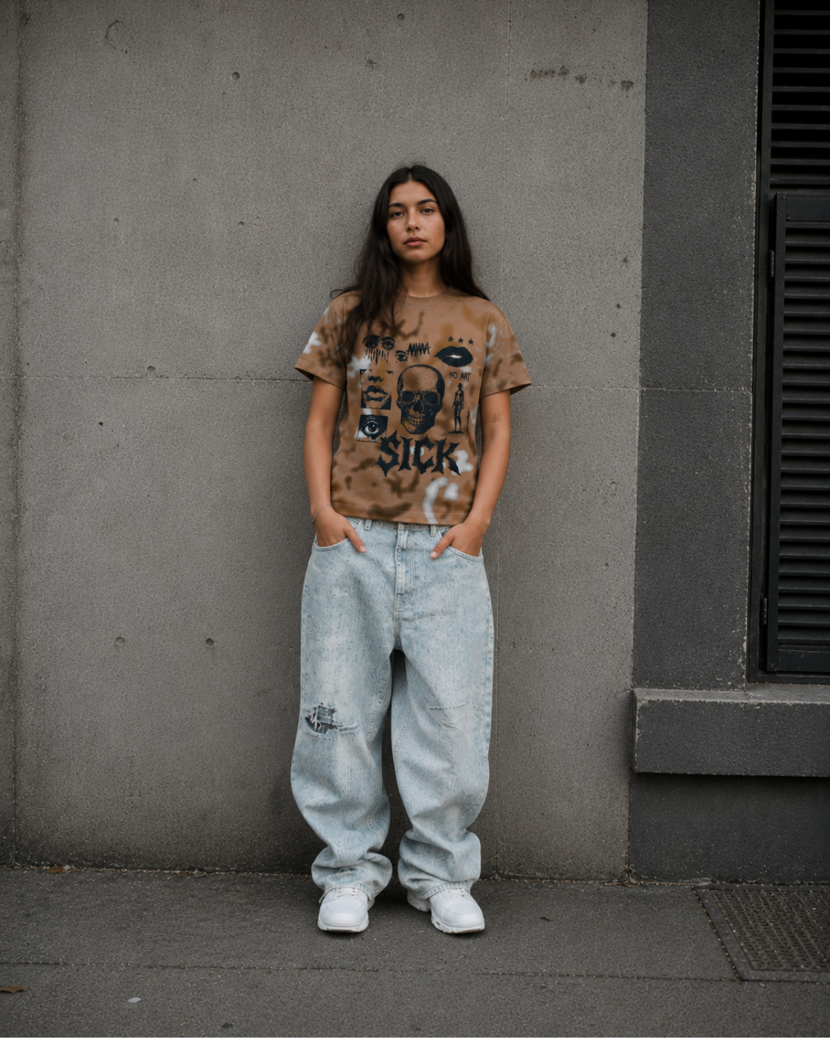 Velzeen Sick brown drop shoulder T-shirt with statement graphic print