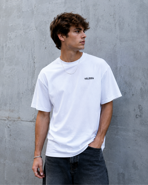 Velzeen Inner Peace white drop shoulder T-shirt with printed artwork