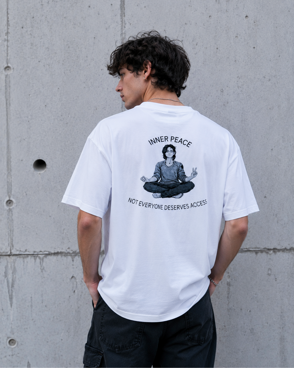 Velzeen Inner Peace white drop shoulder T-shirt with printed artwork