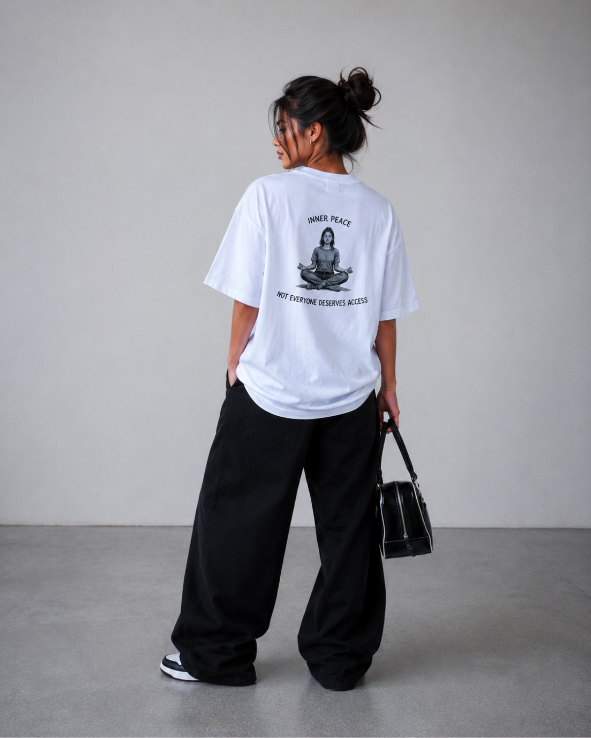 Velzeen Inner Peace white drop shoulder T-shirt with printed artwork