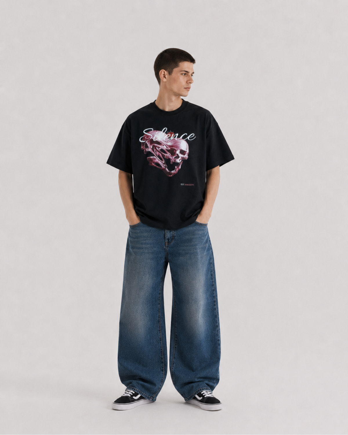 Velzeen Silence black drop shoulder T-shirt with statement artwork