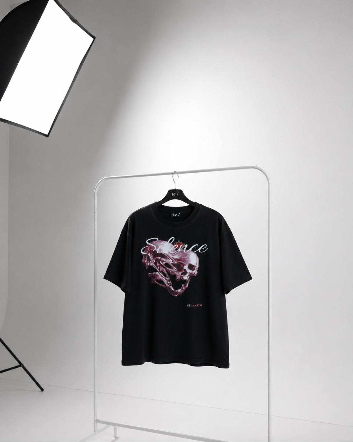 Velzeen Silence black drop shoulder T-shirt with statement artwork