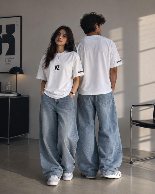 Velzeen embroidered white drop shoulder T-shirt with logo detail