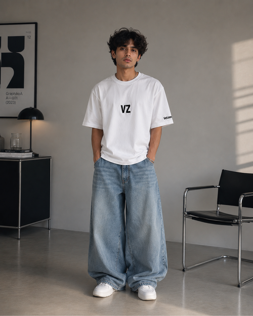 Velzeen embroidered white drop shoulder T-shirt with logo detail