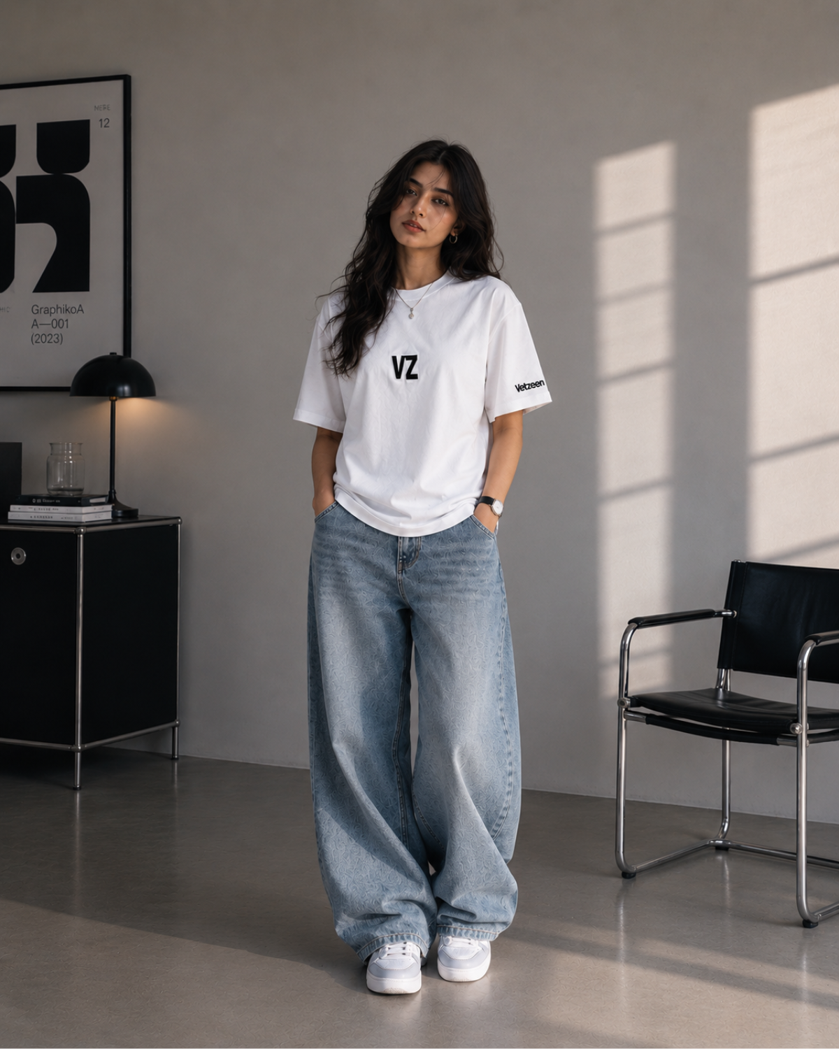 Velzeen embroidered white drop shoulder T-shirt with logo detail