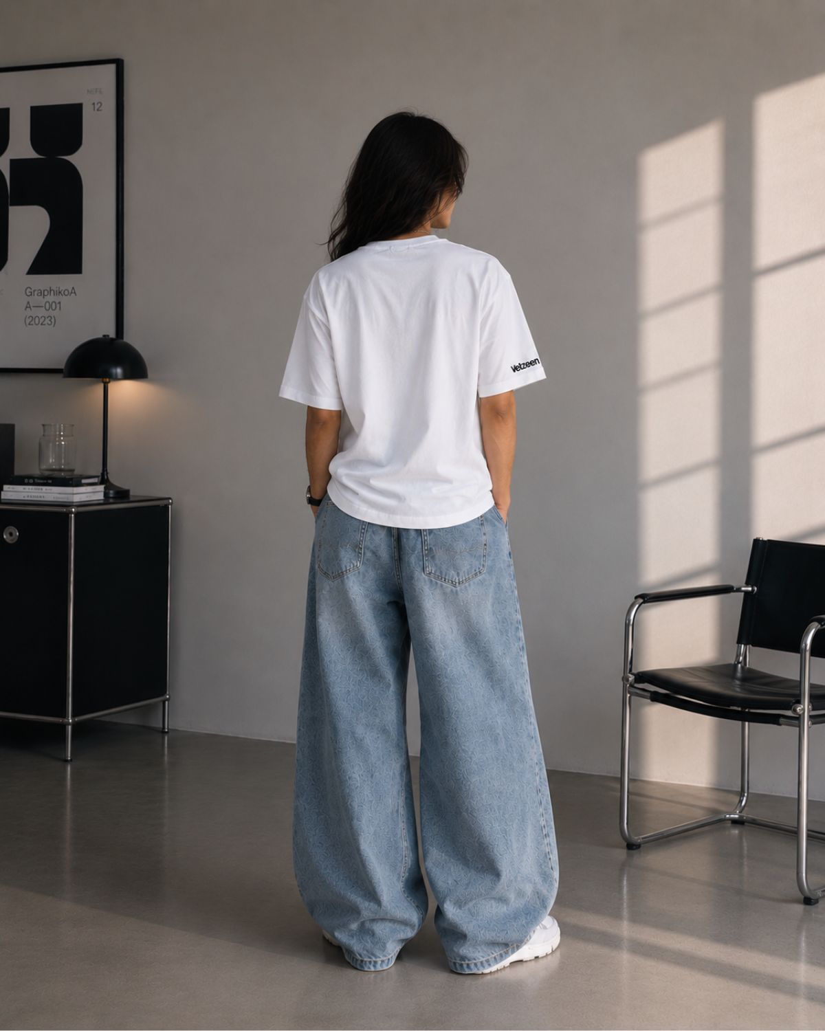 Velzeen embroidered white drop shoulder T-shirt with logo detail