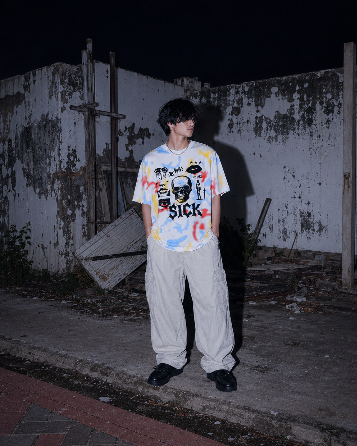 Velzeen Sick white drop shoulder T-shirt with statement graphic print